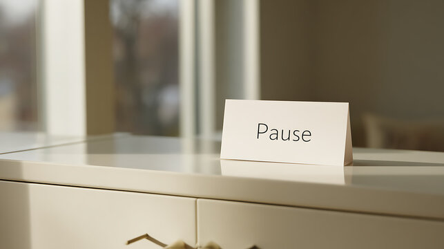 A crisp white tent card with the word "Pause" displayed prominently on a neutral-toned surface, bathed in soft afternoon light