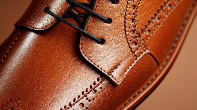 Close-up of polished brown leather dress shoe with intricate brogue detailing and black laces on a smooth surface, showcasing craftsmanship and quality materials