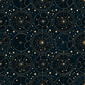 Seamless pattern of golden astronomical charts and celestial star constellations