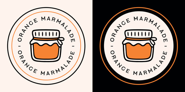 Orange marmalade logo homemade classic flavor label round sticker for artisanal glass jar packaging design. Natural fruit jelly jam spread retro vintage aesthetic black outline drawing illustration.