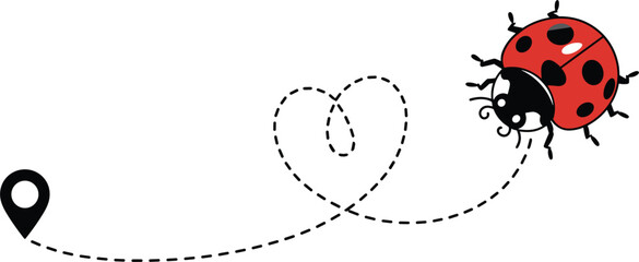 Cute ladybug flying with dotted path and location pin, playful nature vector illustration design © Majnur