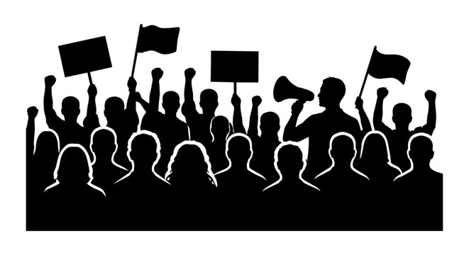 Protest Crowd Silhouette with Outline &ndash; Demonstration People, Raised Fists, Signs and Megaphone