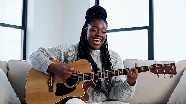 Young Black Woman Playing Acoustic Guitar and Smiling Happily While Sitting on a Couch