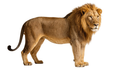 A magnificent male lion with a glorious mane standing confidently, full body side view © Lysander
