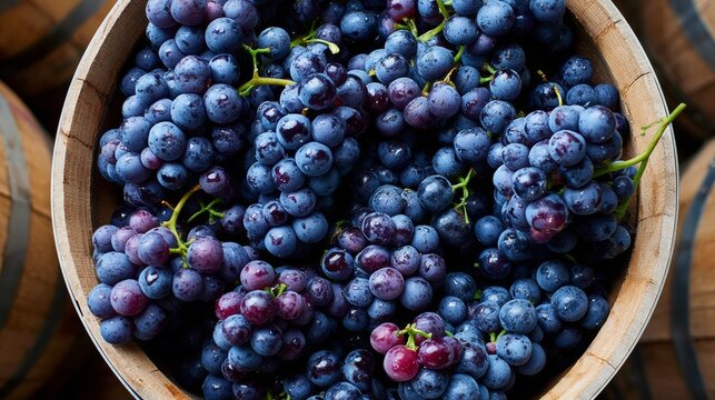 Freshly harvested blue grapes in a wooden bowl, surrounded by rustic wooden barrels, showcasing the natural beauty of vineyard produce