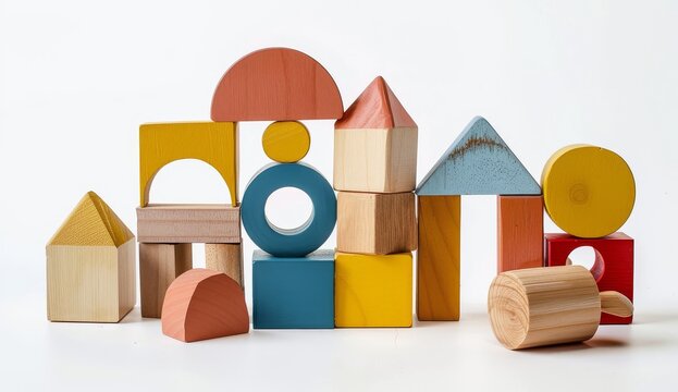 Wooden building blocks colorful shapes toy isolated white background simple clean arrangement learning play