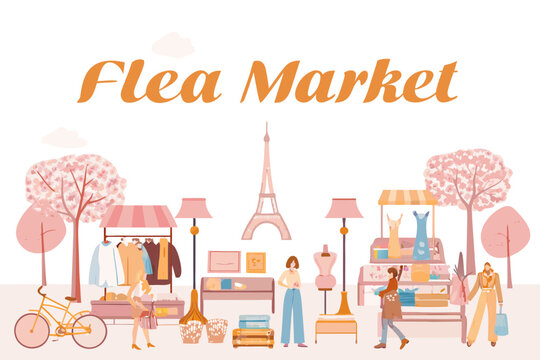 A vibrant flea market scene with vintage items and a parisian backdrop