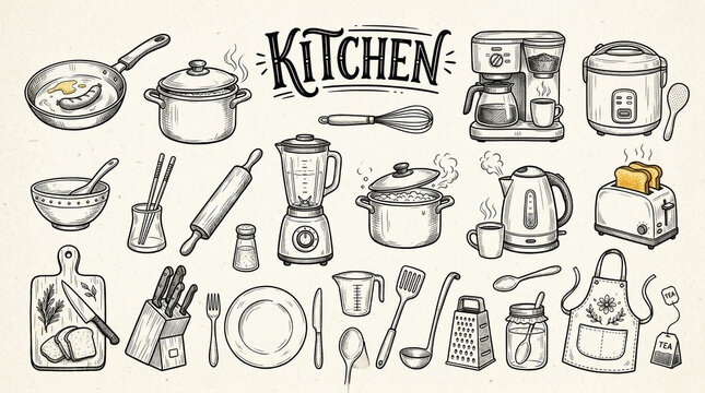 Hand-drawn illustration of diverse kitchenware and appliances, sketches of cooking tools and utensils, creating a vintage culinary theme, coffee maker