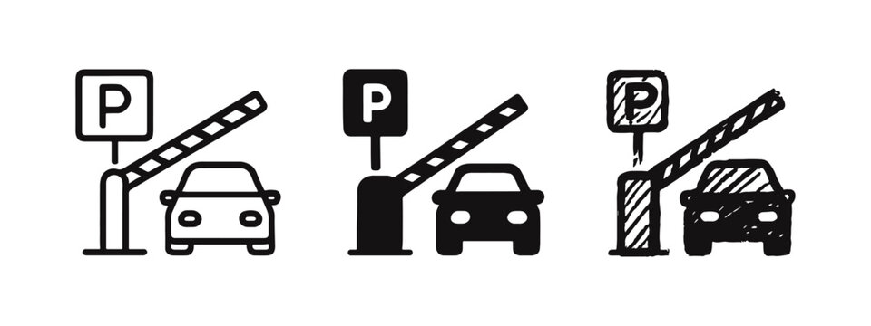 Parking lot entry barrier and car icon set. Vector illustration of automatic gate, sign, and vehicle for transport access.