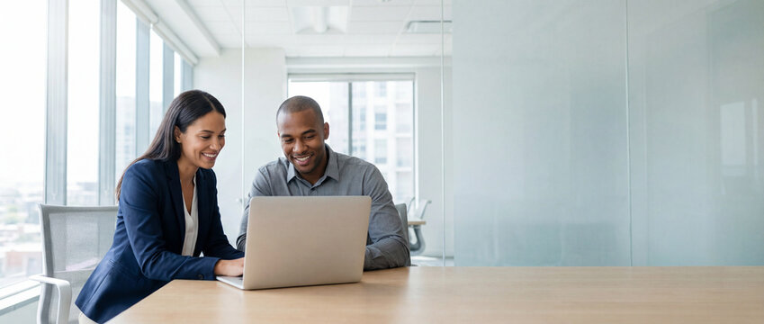 Cheerful diverse business professionals using a laptop at a desk in a bright office. Wide banner with right copy space