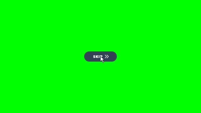 Dynamic skip button interaction with mouse pointer on vibrant green screen for digital overlays. This chroma key element provides versatile