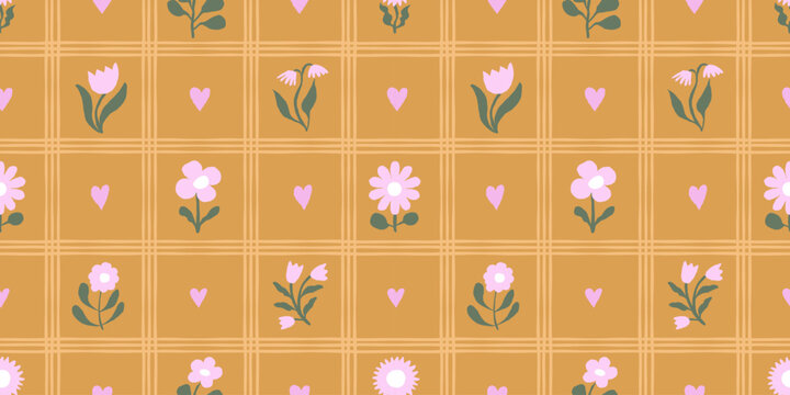 Vector hand drawn seamless pattern in simple doodle sketchy floral wavy and groovy naive style, dopamine and cottage core aesthetic, spring abstract prints with flowers and stripes