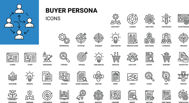 Large collection of buyer persona line icons set featuring customer profile target audience marketing research consumer behavior demographic data sales strategy and business user character vector 