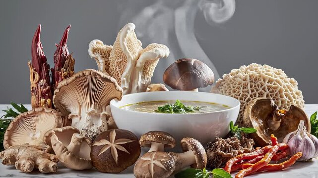 Assortment of Exotic Mushrooms and Ingredients Arranged Around a Bowl of Steaming Soup