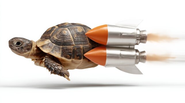 Turtle with rocket engines attached to its shell, propelling forward against a white background, showcasing a blend of nature and technology in a whimsical design