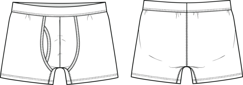Men underwear, boxer briefs, front back view, clothing template, vector outline, fashion design, garment mockup, minimal, apparel, illustration