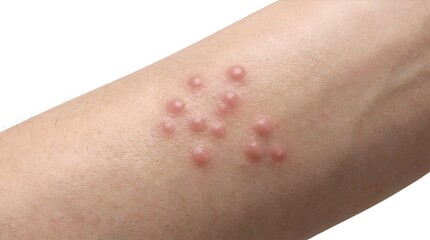 Fototapeta premium Macro view of red skin rash with fluid filled blisters