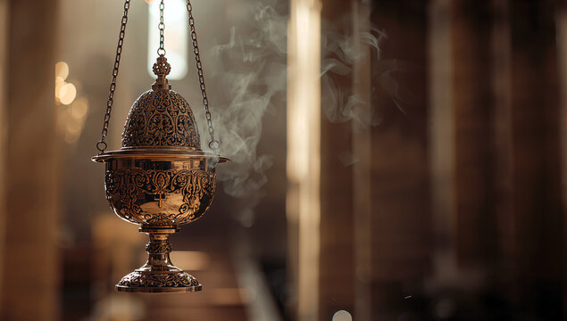 Beautifully ornate brass thurible suspended from chains releases fragrant incense smoke during a solemn religious ceremony inside a dimly lit sanctuary