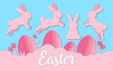 Fototapeta premium Happy easter celebration with pink bunnies and eggs on blue background