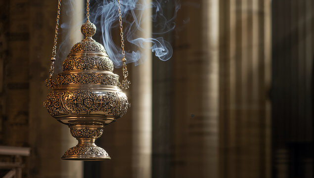 An ornate silver thurible hangs delicately by chains, releasing fragrant incense smoke during a solemn church service or religious ceremony, evoking ancient traditions and spiritual reverence.