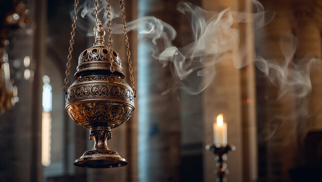 Ornate brass censer, also known as a thurible, emitting fragrant smoke during a solemn church service, creating a mystical and reverent atmosphere for spiritual reflection.