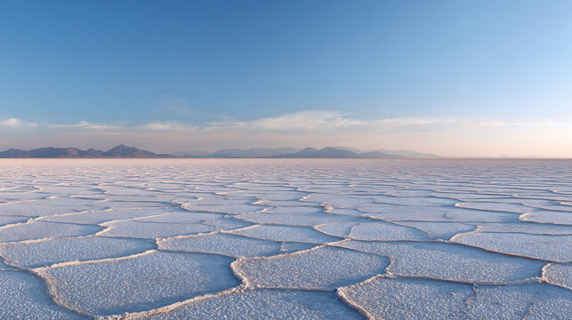 Vast expanse of a textured salt flat under a clear blue sky, with distant mountains on the horizon, bathed in soft, early morning light