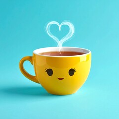 Tea in a cute yellow cup with female face, smiley, emoticon heart shaped steam, aqua background. perfect for valentine or love message