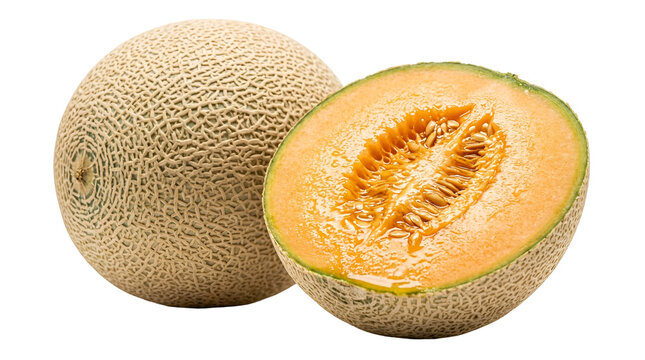 Close-up of a ripe cantaloupe melon with detailed textured skin and a sliced half revealing bright orange flesh and seeds