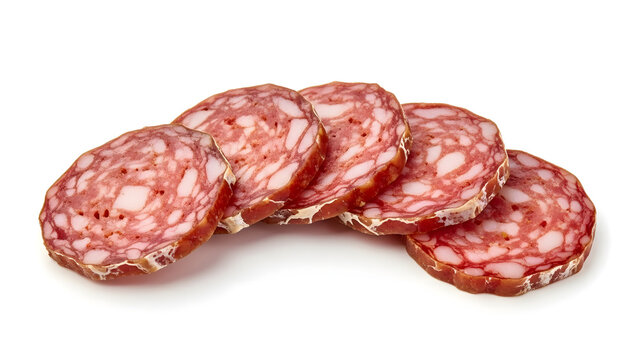 Slices of salami Lukanka arranged neatly on a white background  