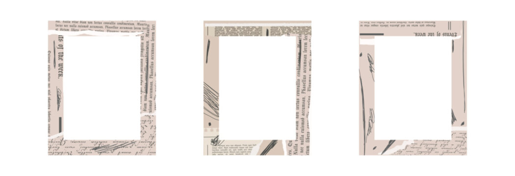Torn vintage ripped collage frames with old clipping texture. Newspaper borders for scrapbook. Old gazette news sheets. Trendy retro vintage paper cut, rip torn. Isolated vector illustration.