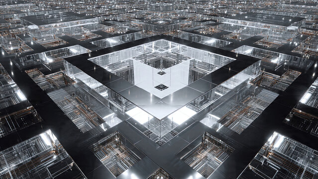 Infinite luxury rose gold and silver mirror room interior with recursive reflections receding into deep perspective