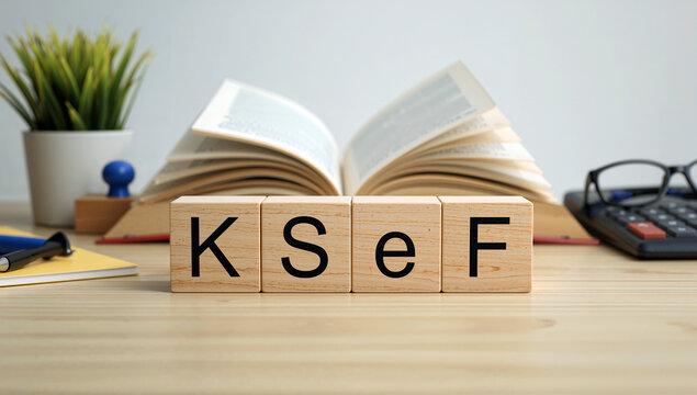 Wooden blocks spelling out the acronym KSeF which stands for the national electronic invoicing system, representing compliance and digital transformation in business and financial processes.