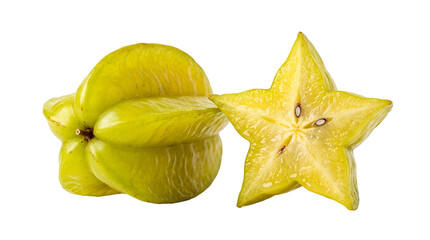 Fototapeta premium Vivid star-shaped carambola fruit with glossy yellow-green surface and juicy interior displayed against a sleek black background