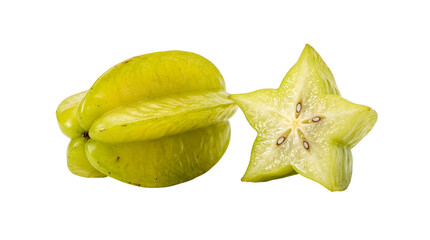Fototapeta premium Vibrant whole and sliced star-shaped green starfruit on black background for tropical fruit display