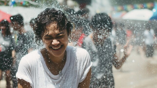 Woman laughing while being splashed with water during Songkran festival