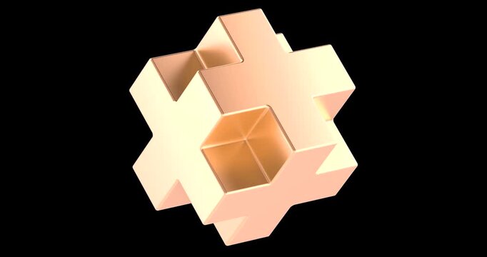 Pharmacy logo cube from golden crosses, rotation animation seamlessly loopable. 3D rendering isolated on transparent background