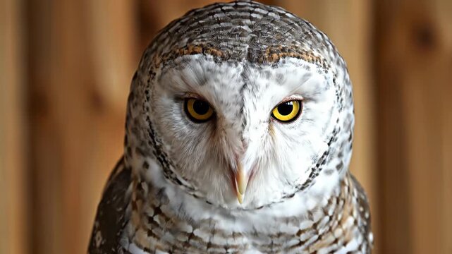 Close-up portrait of a white owl with brown speckles and intense yellow eyes staring directly at the camera with its beak slightly open against a blurred wooden backdrop.