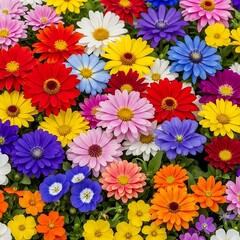 Fototapeta premium Colorful mix of vibrant flowers in various shades of pink orange yellow blue purple and red blooming garden flowers