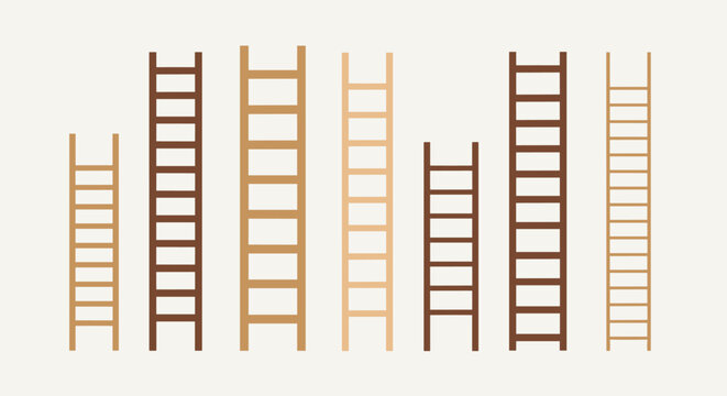 Variety of wooden ladders stand vertically symbolizing progress and varying heights