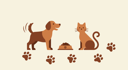 Fototapeta premium Illustration of a Dog Cat Food Bowl and Paw Prints on a Light Background