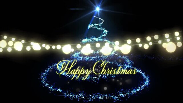 Animation of happy christmas text over fairy lights and christmas tree