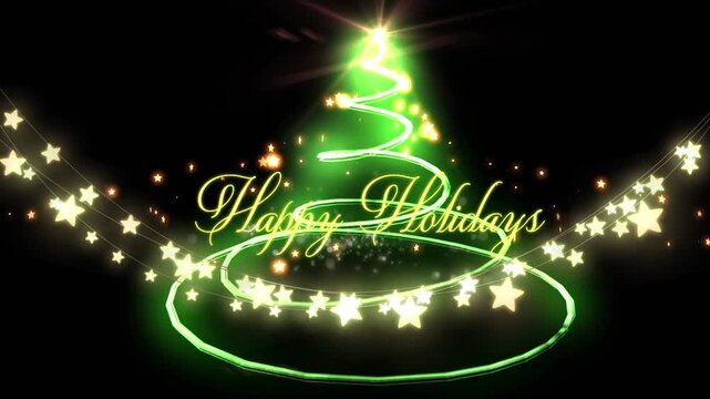 Animation of happy holidays text over fairy lights and christmas tree