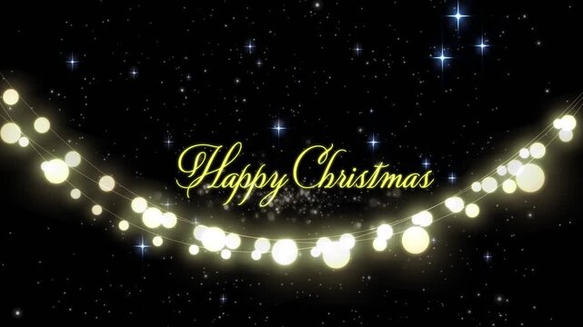 Animation of happy christmas text over fairy lights and stars