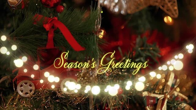 Animation of text, season's greetings, in yellow, over string lights and decorated christmas tree