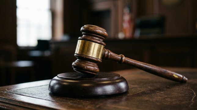 Gavel on Wooden Desk in Courtroom - Justice and Law Concept