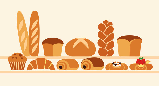 Assorted Bake Items Vector Illustration: Bread Pastries and Treats Collection
