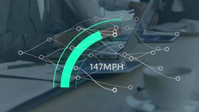 Animation of connections and speedometer over hands of businesspeople working