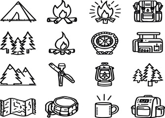 Fototapeta premium Hand drawn camping icons bundle set in doodle style,