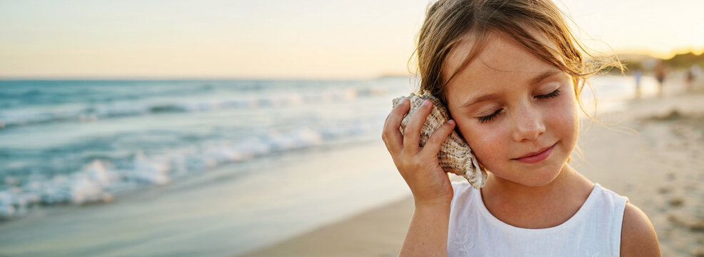 Girl holding a seashell near her ear on the beach, child enjoying seaside moment, summer vacation lifestyle, calm and curious mood, family travel concept, summer holiday