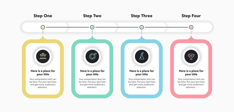 Horizontal process flow diagram with four steps. Flat presentation template with minimalistic icons for data visualization.